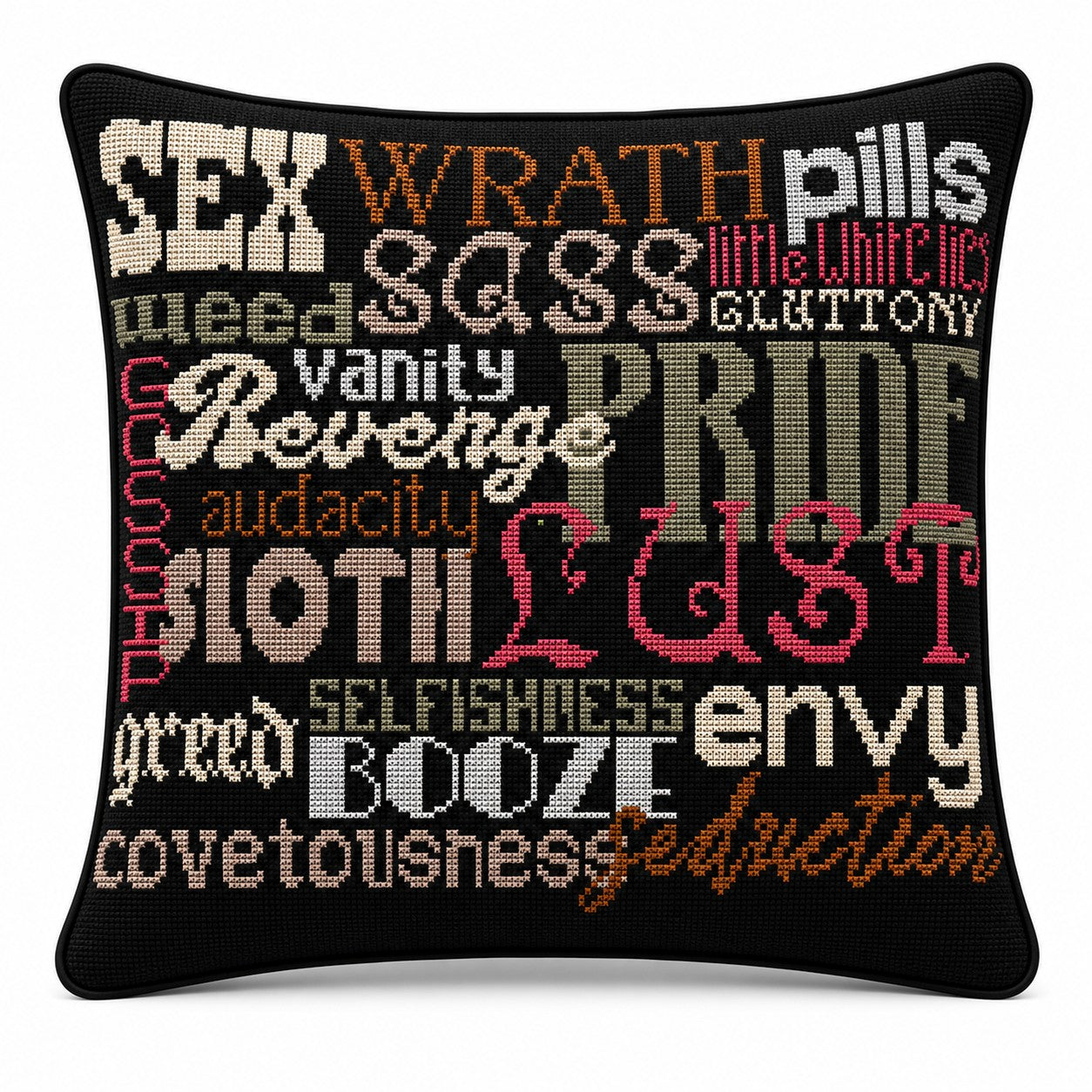 Sins black and white cross-stitch pillow on a white background