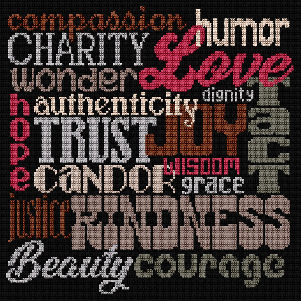 Virtues black and white cross-stitch pillow shown flat, displaying the full virtue word-art pattern on black canvas