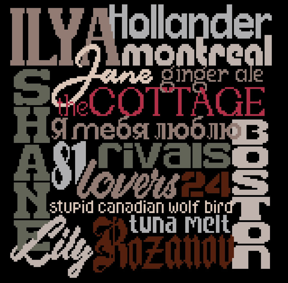 Ilya and Shane black and white cross-stitch pillow, close-up snapshot of the word-art pattern