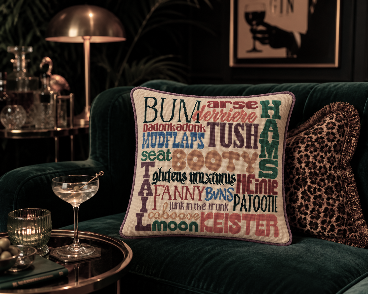 Seat Cushion needlepoint pillow styled in a mid-century cocktail lounge scene