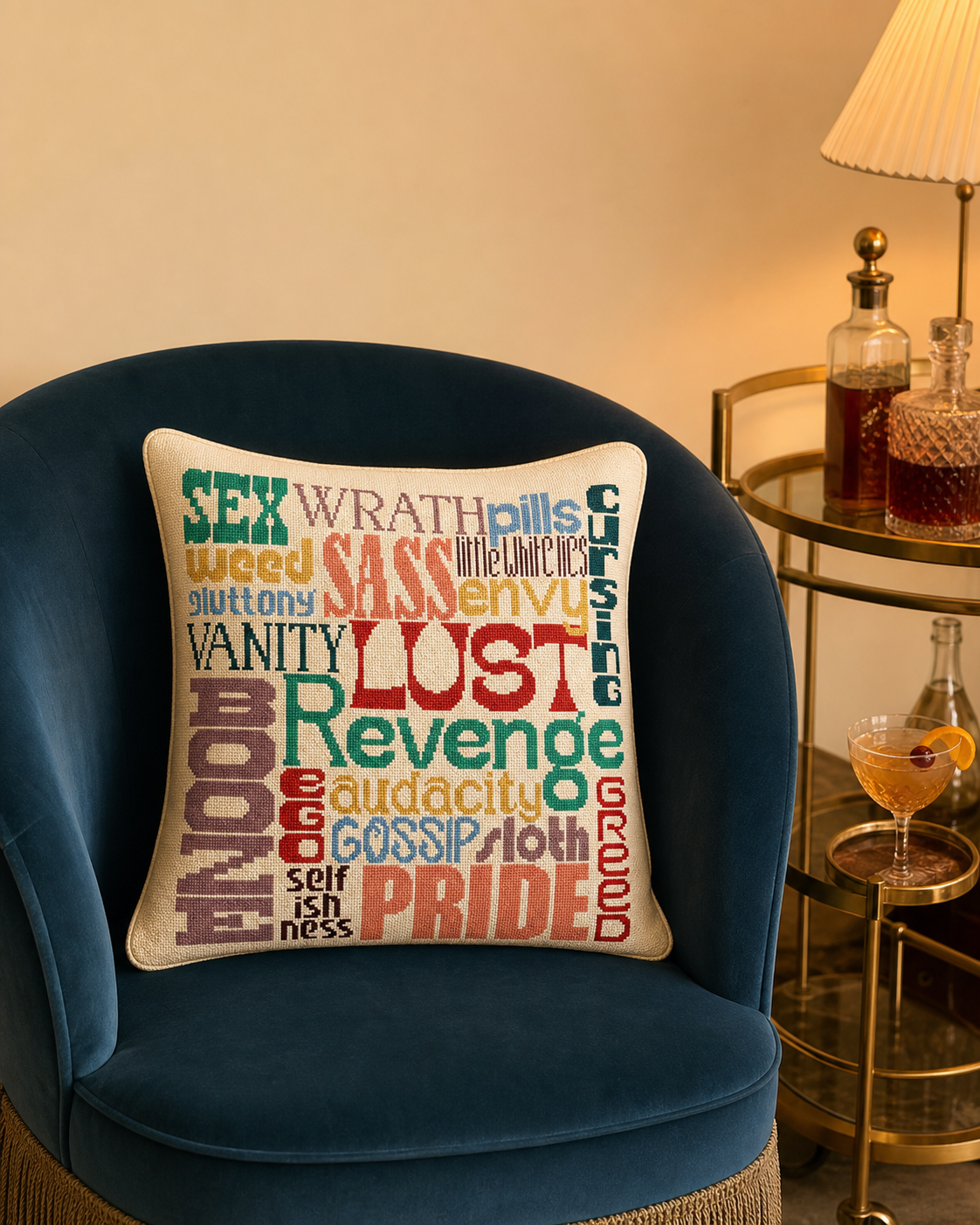 Sins needlepoint pillow styled in a mid-century cocktail lounge scene