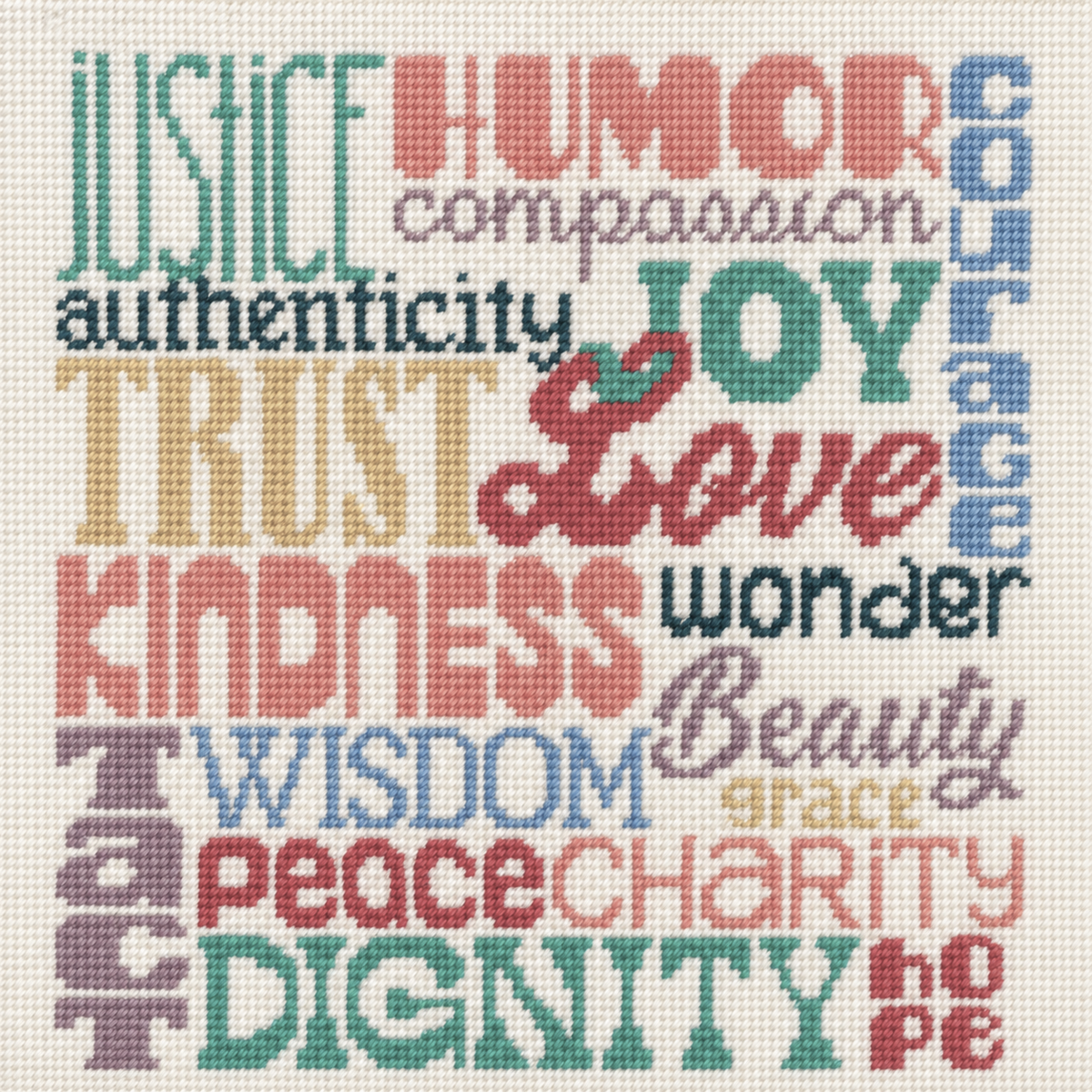 Virtues needlepoint pillow shown flat, displaying the full virtue word-art pattern