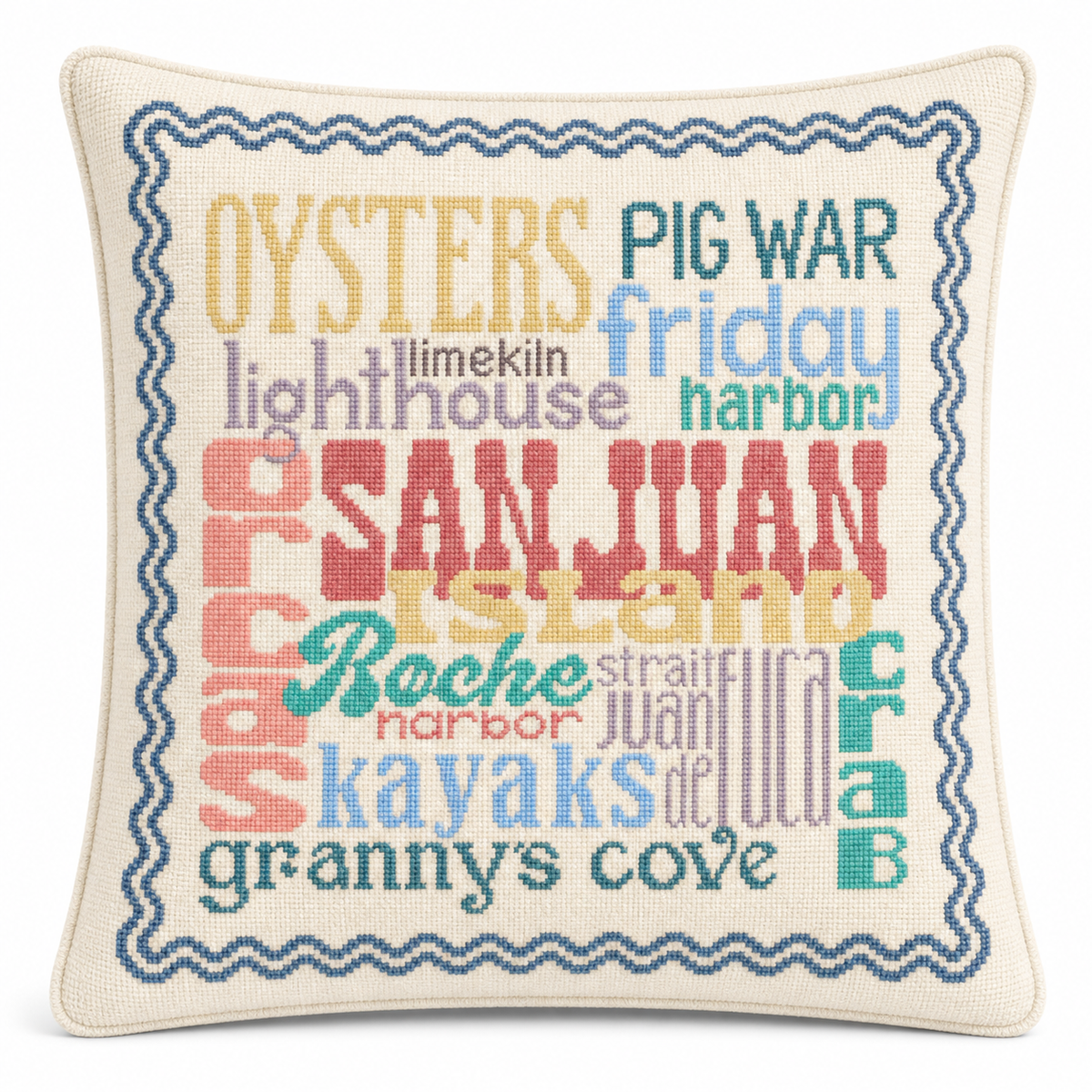 San Juan Island needlepoint pillow on a white background