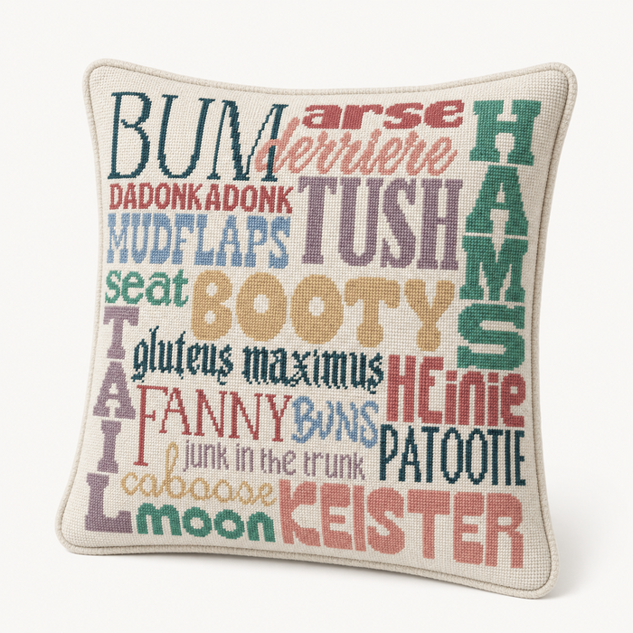 Seat Cushion needlepoint pillow kit featuring colorful rear-end slang word art, lifestyle photo
