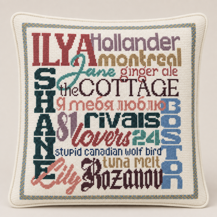 Ilya and Shane needlepoint pillow kit inspired by Heated Rivalry, studio lifestyle photo